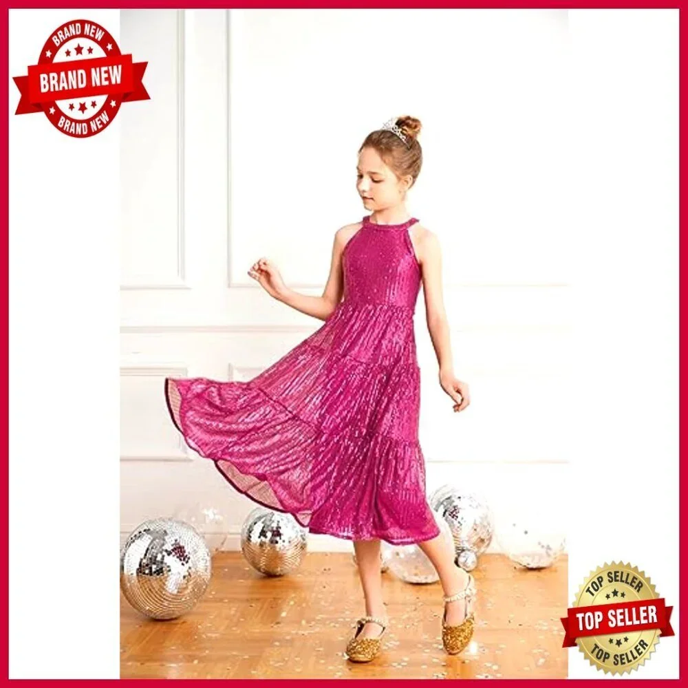 Sequin Maxi Dress Elegant Formal Party Wear Girls Long Dress with Satin